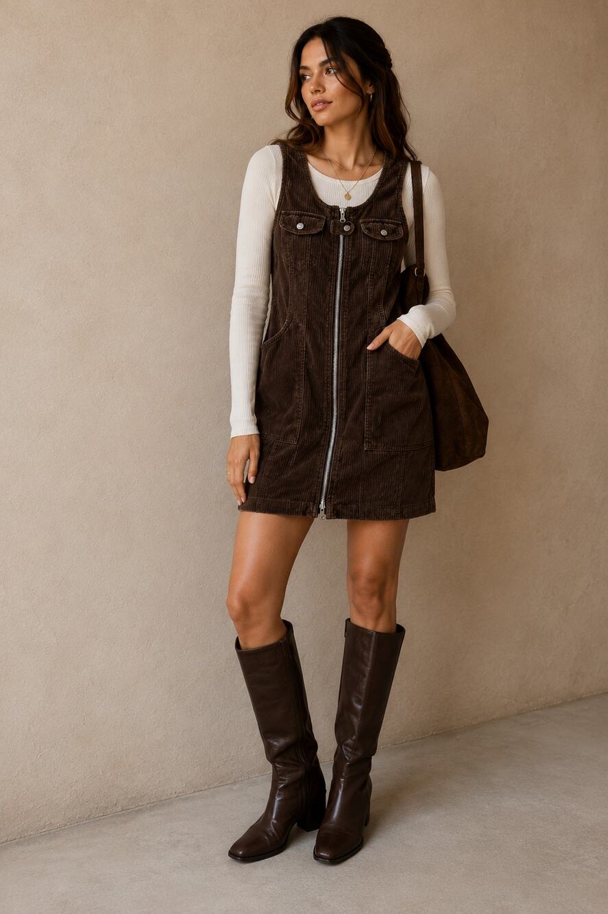 Squeeze Jeanswear Brown Corduroy Zip Jumper Dress 100% cotton Vintage Y2K M